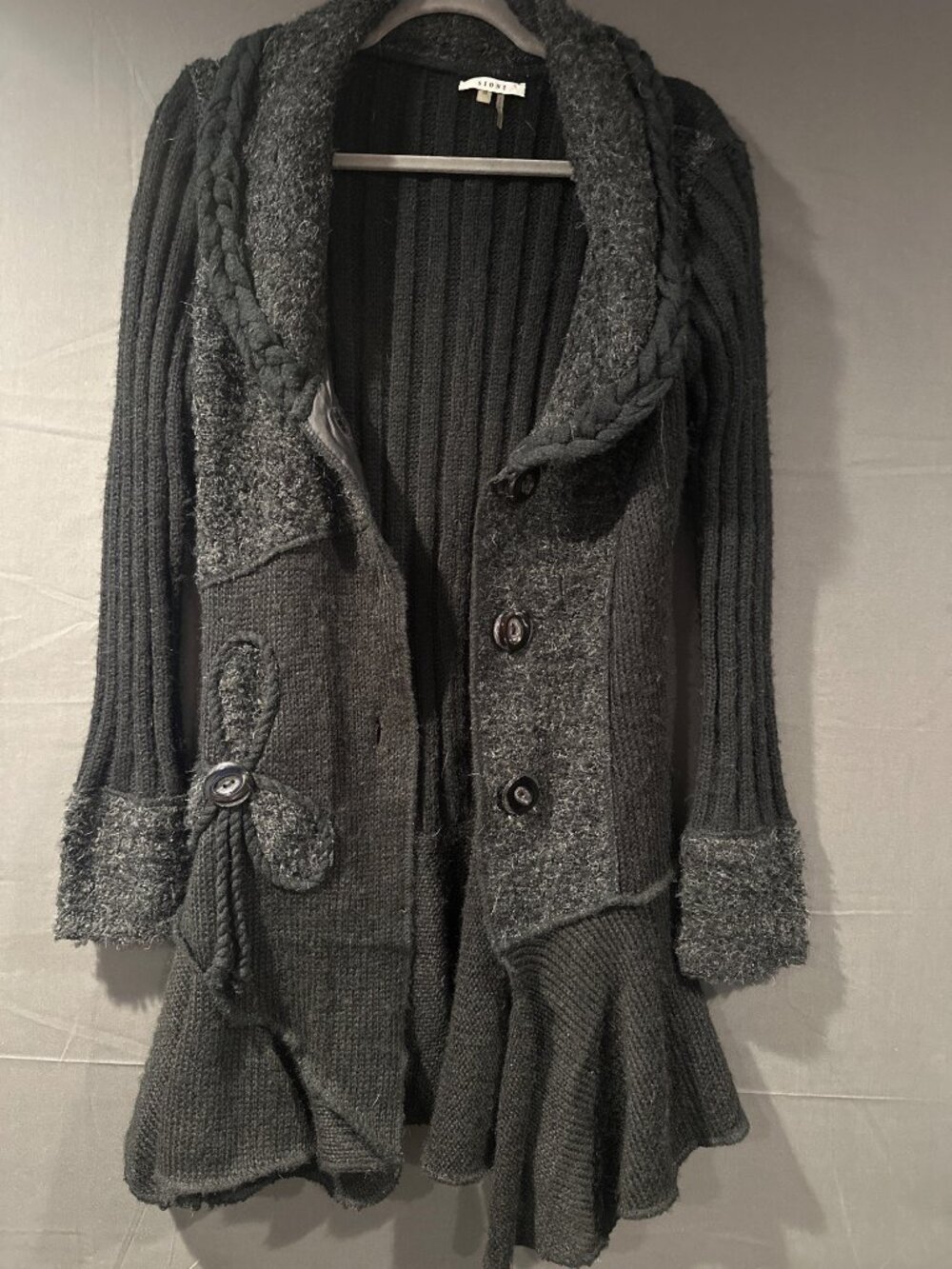 Sioni Womens M Black Wool Mohair Knit Coatigan Lagenlook Ruffle Hem whimsigoth
